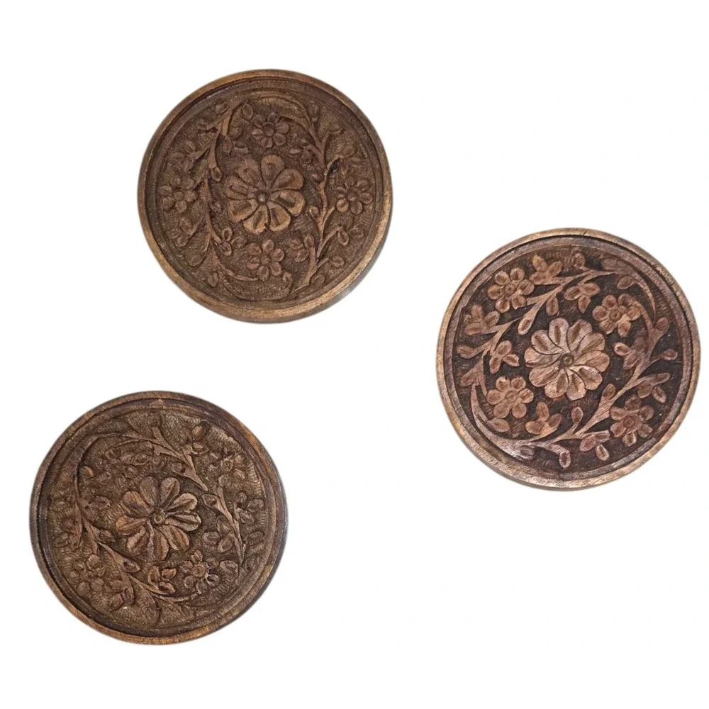 World Market Hand Carved Floral Wood Coasters Brown OS
